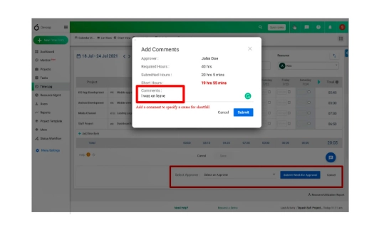 Specify any shortfall or over spent hours