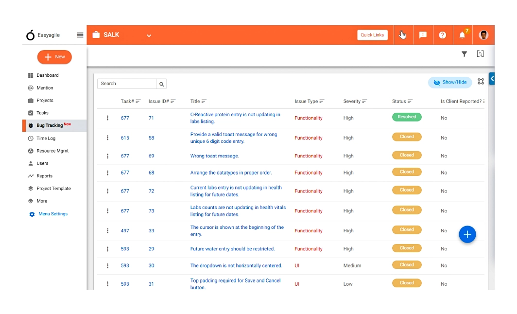Download of the bug listing on Bug Tracking page