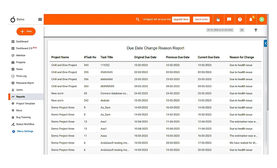 Due date change reason report