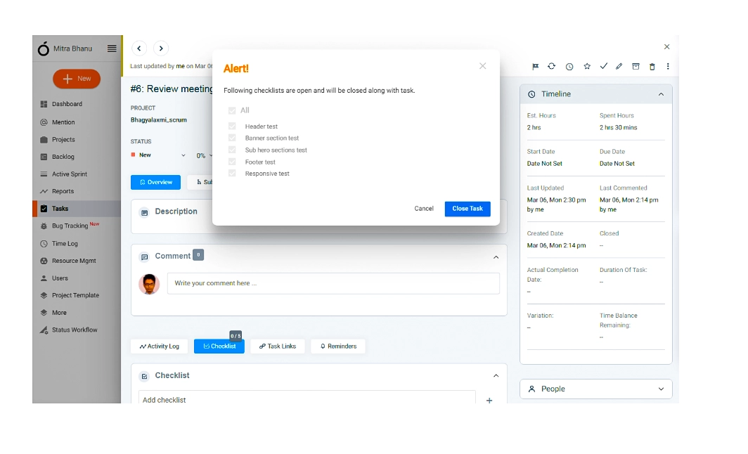 Ability to verify & close the checklist along with the tasks