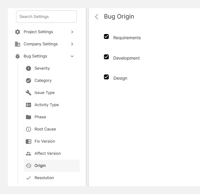 Accessing bug origin settings