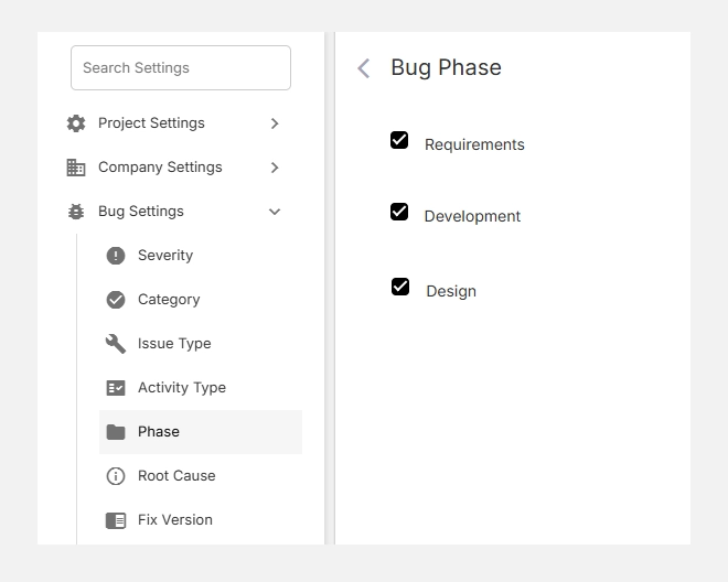 Accessing bug phase settings