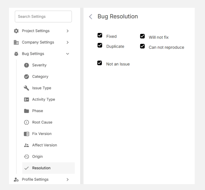 Accessing bug resolution settings