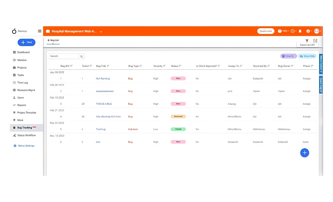 Download of the bug list on BugTracking page