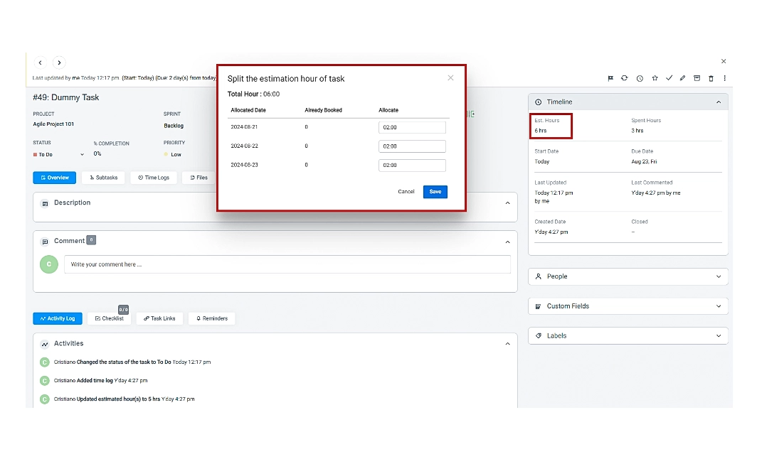 Split Estimation During Task Edit