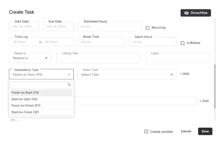 Task Predecessor & Successor Dependencies