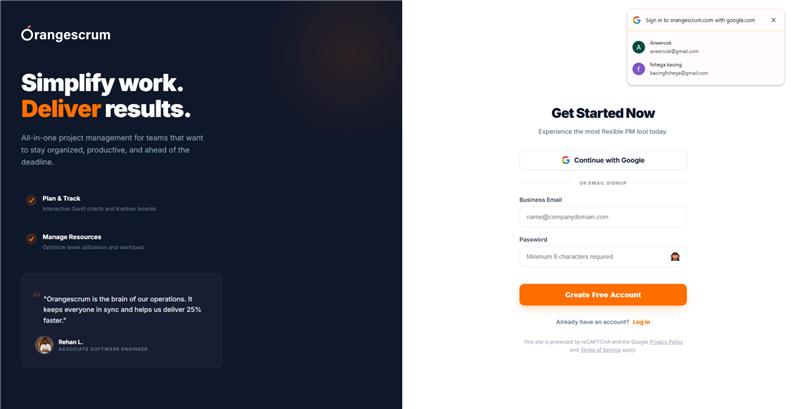 Orangescrum One-Tap Sign Up