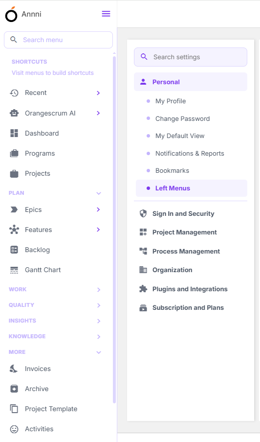 Orangescrum Left Menu Personalization